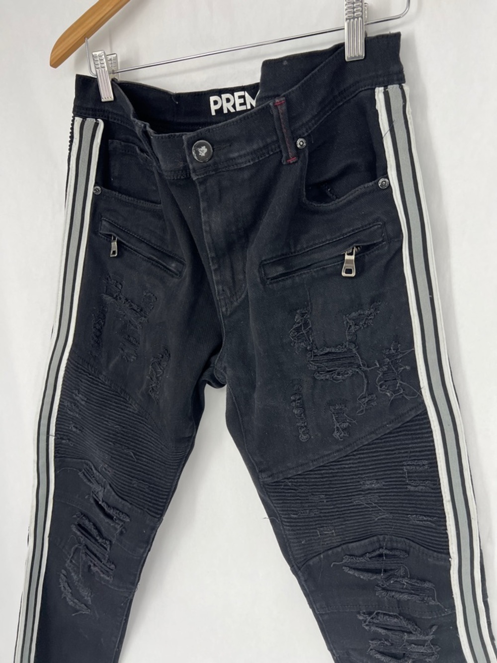 PREME Black Distressed Moto Jeans with White Side Stripes 34x33